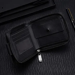 Men's leather zip wallet with multiple card slots and coin pocket on black wood background
