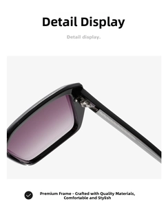 Close-up of the metal hinge and gradient purple lens on black square sunglasses