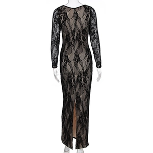 Detailed back view of sexy black lace dress featuring a high split and floral pattern
