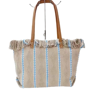 Minimalist beige woven beach tote bag with blue and white stripes and tassel fringe