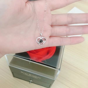 Silver heart projection necklace in gift box with red rose and Best Wishes print