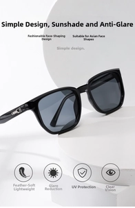 Detail view of square black sunglasses featuring rectangular hollow metal temple accents