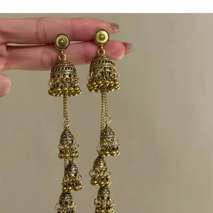 Detail of vintage gold layered Jhumka earrings featuring intricate ethnic hollow carvings