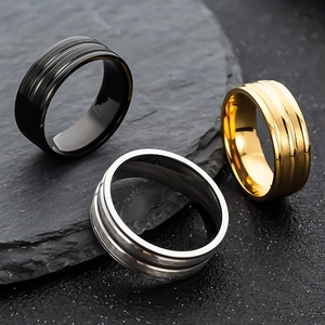 8MM matte stainless steel rings for men in black, silver, and gold with triple grooves