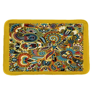 Rectangle bohemian paisley flannel bath mat with vibrant yellow floral patterns