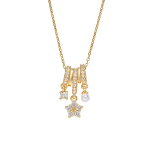 Chic gold five-petal flower necklace with zircon star and elegant pearl pendant