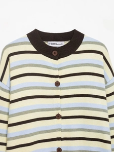 Detail of striped knit cardigan collar with buttons and brand label on white background