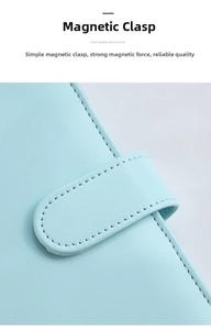 Close-up of a light blue PU leather binder notebook featuring a secure magnetic buckle