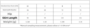 Detailed size chart for printed casual skirt showing waist and length measurements