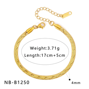 Detail showing 4mm gold snake chain bracelet specs with 17cm length and S.steel hallmark