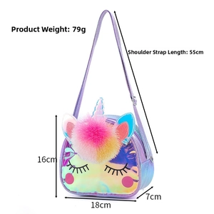 Unicorn shoulder bag dimensions chart showing 16cm height, 18cm width, and 55cm strap length