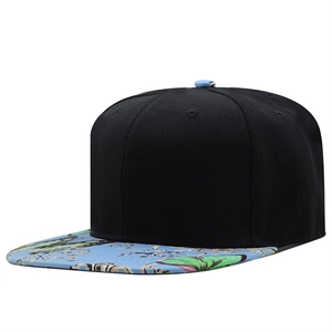 Flat brim snapback hat in black with blue floral print visor and six-panel structure