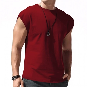 Close-up of deep red men's sleeveless muscle tee with round neck and slim fit design