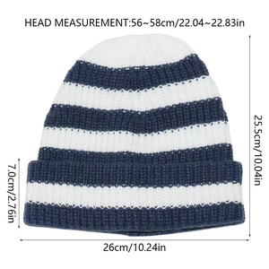 Detailed size chart of striped knit beanie showing dimensions and head circumference