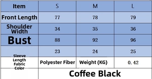 Size chart for pleated short sleeve dress with measurements for S, M, and L sizes