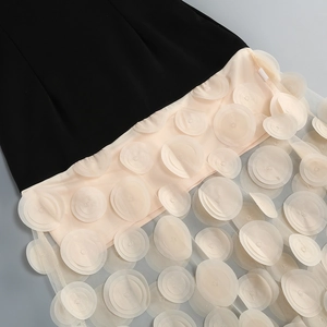 Detail of elegant black bodice and sheer cream tulle skirt with 3D polka dot appliqués