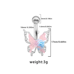 Detailed size specifications for pink and blue butterfly navel piercing jewelry