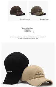 Distressed cotton baseball caps showing embroidered details in black, khaki, and brown colors