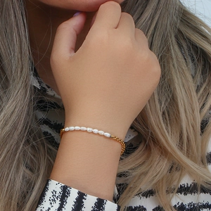 Braided gold chain and white freshwater pearl bracelet with OT buckle for women