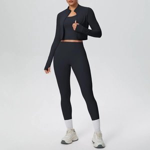 Detailed view of women's black 3-piece yoga set with zip jacket and high-waisted leggings
