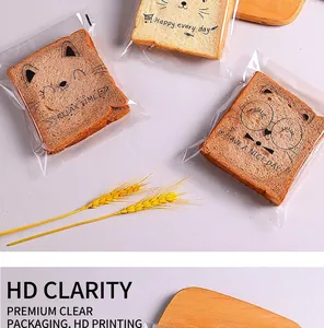 Detail of transparent self-adhesive bread bags with cute cartoon cat and Relax Time print