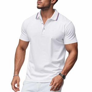 Detail of white cotton polo shirt featuring red and blue stripes on the ribbed collar
