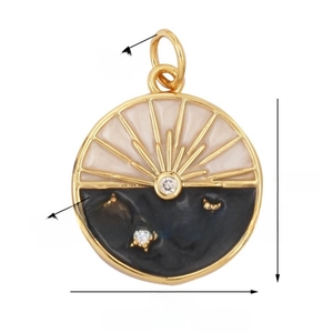 Detailed specs of sun and star enamel pendant showing 16mm diameter and 2g weight