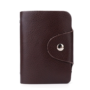Genuine dark brown leather card holder with secure silver metal snap button closure