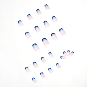 French press-on nails with deep blue V-shape tips and natural squoval base, 24 pieces set