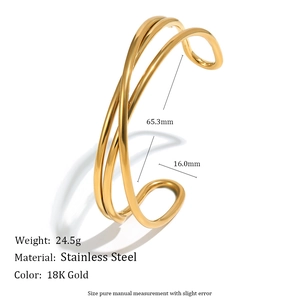 Minimalist 18K gold plated stainless steel twisted triple layer open bangle for women