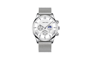 Detail of silver mesh band watch with white chronograph dial and moon phase display