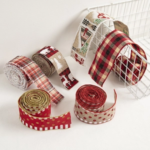 Christmas Ribbon Wired Edge Plaid Burlap Faux Linen Reindeer Snowflakes Pattern For Gift Wrapping Tree Decor DIY Crafts