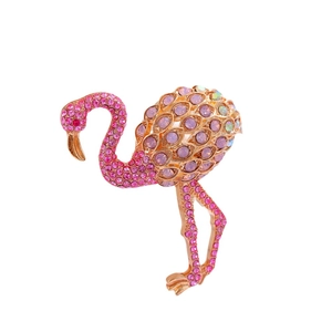 Sparkling pink rhinestone flamingo brooch with gold finish for elegant women's fashion