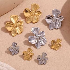 Polished 18K gold and silver stainless steel five-petal flower stud earrings in three sizes