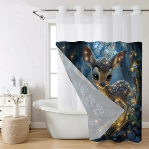 Detail of waterproof bathroom curtain featuring a cute deer illustration in a magical forest
