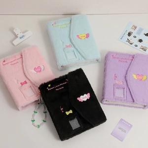 Plush A5 six-hole binder photo albums in pink, blue, purple and black with embroidery