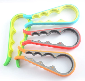 Detail view of colorful 4-in-1 multi-functional bottle openers with non-slip rubber grip
