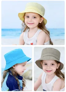 Detailed views of kids quick-dry sun hats in yellow, blue and khaki for beach outings