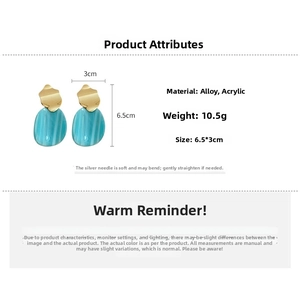 Detail showing irregular oval blue acrylic earrings with gold wavy alloy size 6.5x3cm