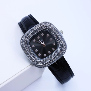 Elegant square women's watch with black leather strap and rhinestone encrusted case