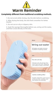 Detailed view of blue bath sponge with fish scale texture for gentle body exfoliation