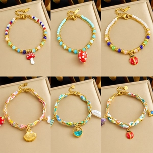 Bracelet Double Couche En Acier Inoxydable Pour Femmes Avec Pendentifs Mignons En Émail Champignon Fraise Coccinelle