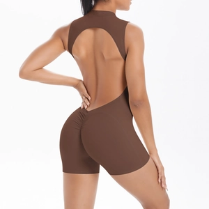 Brown backless one-piece yoga romper with ruched lifting effect for fitness