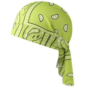 Detail of green paisley pirate bandana featuring breathable mesh fabric and side straps