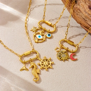 Stainless Steel Necklace Gold Plated Carabiner Clasp Multi Pendant Celestial Marine Evil Eye Moon Star Enamel For Women