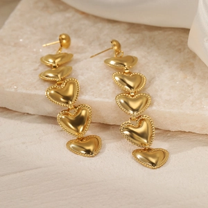Golden heart drop earrings with five linked hearts and elegant milgrain edge detailing