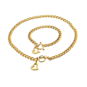 18K gold stainless steel Cuban chain jewelry set with hollow heart charm and OT toggle clasp