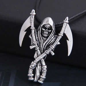 Grim Reaper Pendant Necklace Antique Silver Alloy Skull With Crossed Scythes Gothic Punk Retro For Men Black Cord