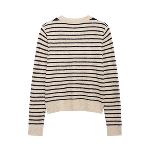 Classic round neck striped knit sweater in beige and navy blue with ribbed cuffs