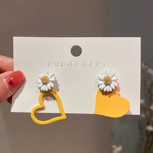 Asymmetric Heart Daisy Dangle Earrings Alloy With 925 Sterling Silver Earring Post Korean Sweet Style For Women